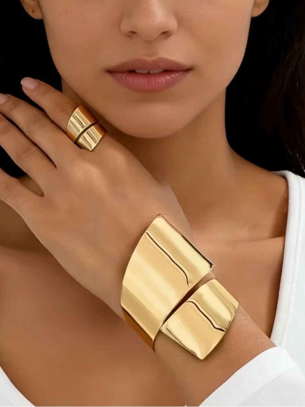 Gold Sculptural Ring and Cuff Set — Modern Women's Jewelry - Picture 3 of 3